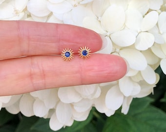 5.5mm Gold Sapphire Sunburst Stud Earrings Sterling Silver 925, Gold Plated, Tiny Sun Studs, Dainty Sunburst Earrings, Synthetic