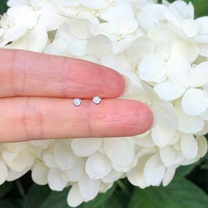 May include: A pair of small, round, silver stud earrings with a single clear diamond in the center of each earring.