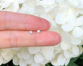 2mm Silver Bezel Solitaire Stud Earrings Sterling Silver 925, Cubic Zirconia, Dainty Round Studs, Mini Bezel Set Earrings for Men Women