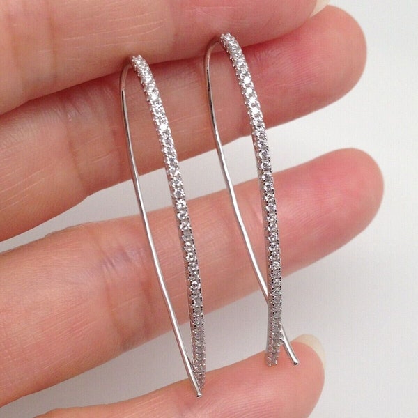 1.57in Cz Fish Hoop Threader Earrings 925 Sterling Silver, Pave Cz Oval Hoop Earrings, Crossover Threader Hoop 40mm(1.57 in) x 1.2mm