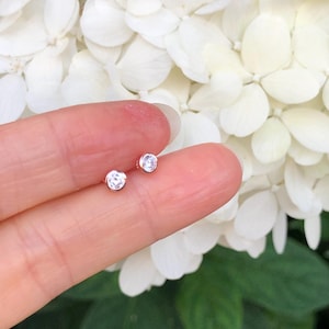 3.8mm Rose Gold Bezel Solitaire Stud Earrings Sterling Silver 925, Cubic Zirconia Tiny Studs, Rose Gold Plated Dainty Round Studs him her