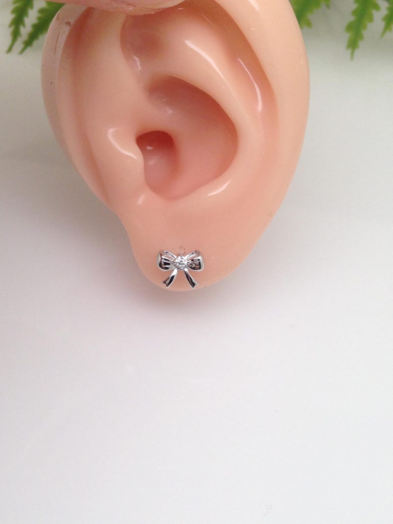 7.5mm Silver Bow Stud Earrings Sterling Silver 925, Cubic Zirconia, Bow Knot Studs, Tiny Dainty Bow Earrings, Gift for Her image 7