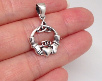 0.75in Silver Celtic Claddagh Pendant 925 Sterling Silver, Small Triquetra Celtic Claddagh Pendant Mens Womens 19mm(0.75") / 28mm(1.10")