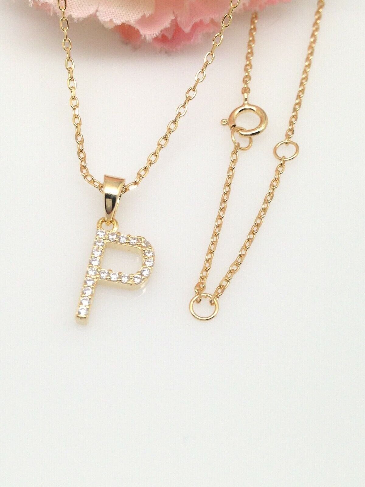 11mm Gold Initial P Necklace Sterling Silver 925, Gold Plated