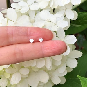May include: A pair of small silver heart-shaped stud earrings. The earrings are shown on a finger against a background of white flowers.