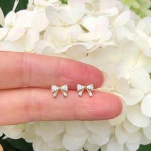 8mm Gold Bow Stud Earrings Sterling Silver 925, Cubic Zirconia Bow Studs, Gold Plated Tiny Bow Earrings for Women Girls Kids