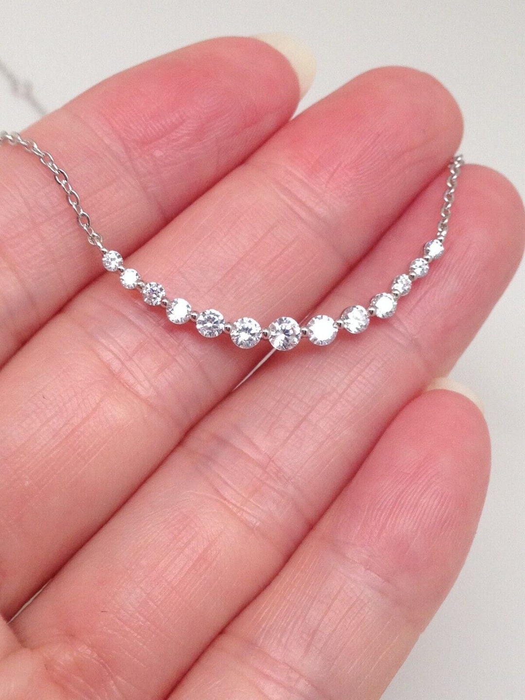 1.18in Sideways Cz Bar Necklace 925 Sterling Silver, Graduated Cz Bar