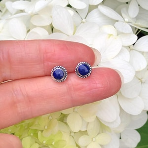 May include: A pair of silver stud earrings with a dark blue gemstone in each. The earrings are set in a silver bezel with a decorative edge.