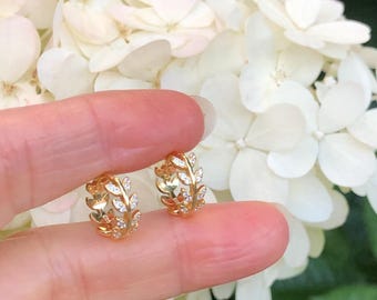12mm/9.8mm x4.3mm Gold Leaf Vine Hoop Earrings Sterling Silver 925, Gold Plated, Cubic Zirconia, Pave Hoops, Small Tiny Gold Hoops