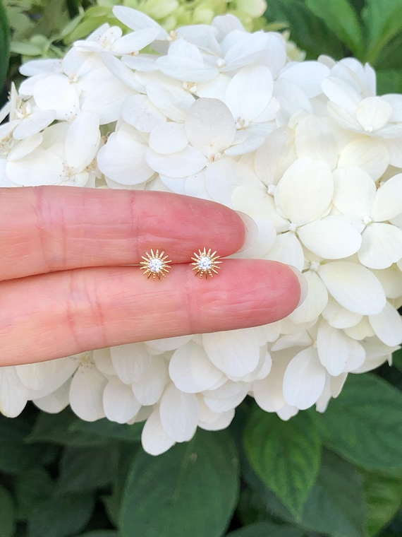 5.5mm Gold Sunburst Stud Earrings Sterling Silver 925, Gold Plated, Cubic Zirconia, Dainty Gold Sunburst Earrings, Tiny Sun Studs