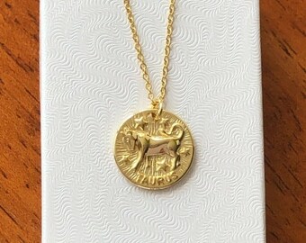0.59in Gold Zodiac Taurus Necklace 925 Sterling Silver, Horoscope Charm, Round Taurus Pendant Necklace Gold Plated Womens 15mm(0.59") 16-18"