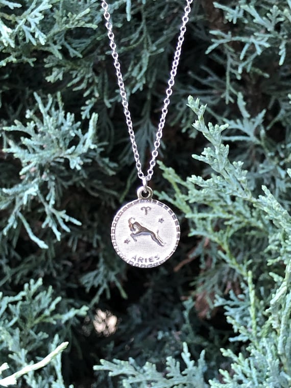 15mm/0.59in Silver Zodiac Aries Necklace Sterling Silver 925, Round Zodiac Coin Necklace for Women Girls, Plain Pendant, 16-18"