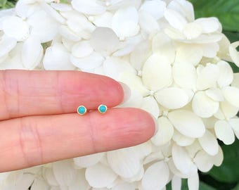 2.8mm Gold Turquoise Stud Earring Sterling Silver 925, Tiny Dainty Round Turquoise Studs, Gold Plated, Mini Studs, Synthetic Turquoise 2.2mm