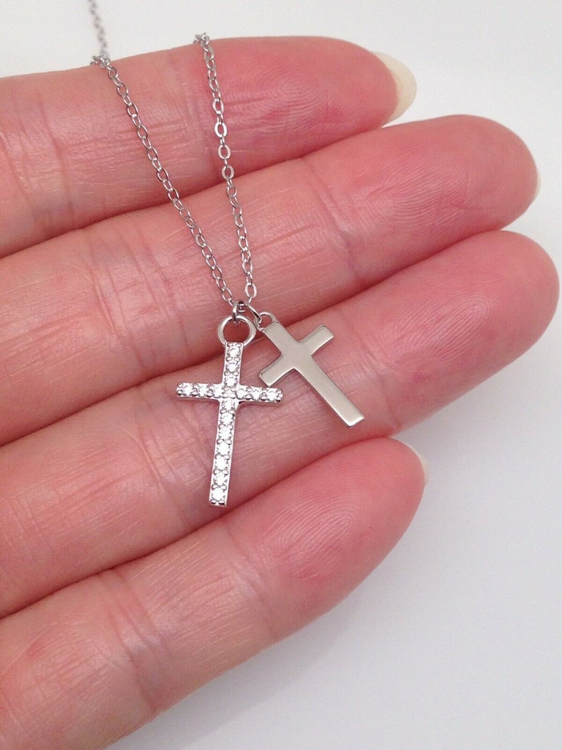 0.59in Cz Double Cross Necklace 925 Sterling Silver, Plain and Cz Cross