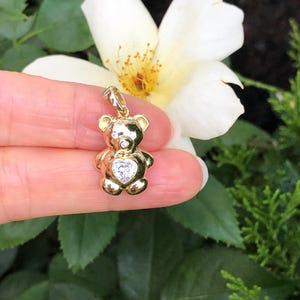 17mm/0.67in Gold Teddy Bear Pendant Sterling Silver 925, Gold Plated, Cubic Zirconia, Teddy with Heart Pendant, 25mm/0.98", Gift for Her