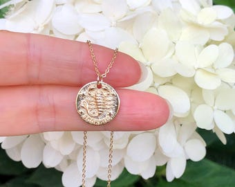 15mm/0.59in Gold Zodiac Scorpio Necklace Sterling Silver 925, Gold Plated, Zodiac Coin Necklace for Women Girls, 16-18"
