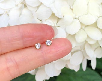 3.8mm Gold Bezel Solitaire Stud Earrings Sterling Silver 925, Gold Plated, Cubic Zirconia, Mini Studs, Dainty Round Earrings for Men Women