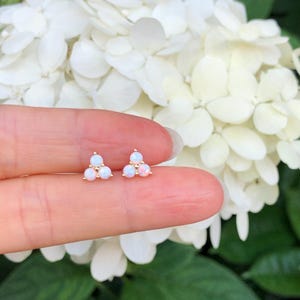 May include: A pair of gold earrings with three small opal stones each, arranged in a triangular shape. The earrings are shown against a background of white flowers.