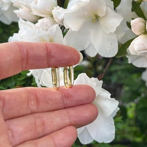 May include: A pair of small, gold-colored rectangular hoop earrings. The earrings are held up against a backdrop of white flowers and green foliage. The earrings are a simple, elegant design.