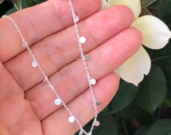 2.9mm Silver Disc Station Choker Necklace Sterling Silver 925, Plain Disc Dangle Charm Choker, Mini Dainty Round Disc Necklace, 12.5-15.5&quot;