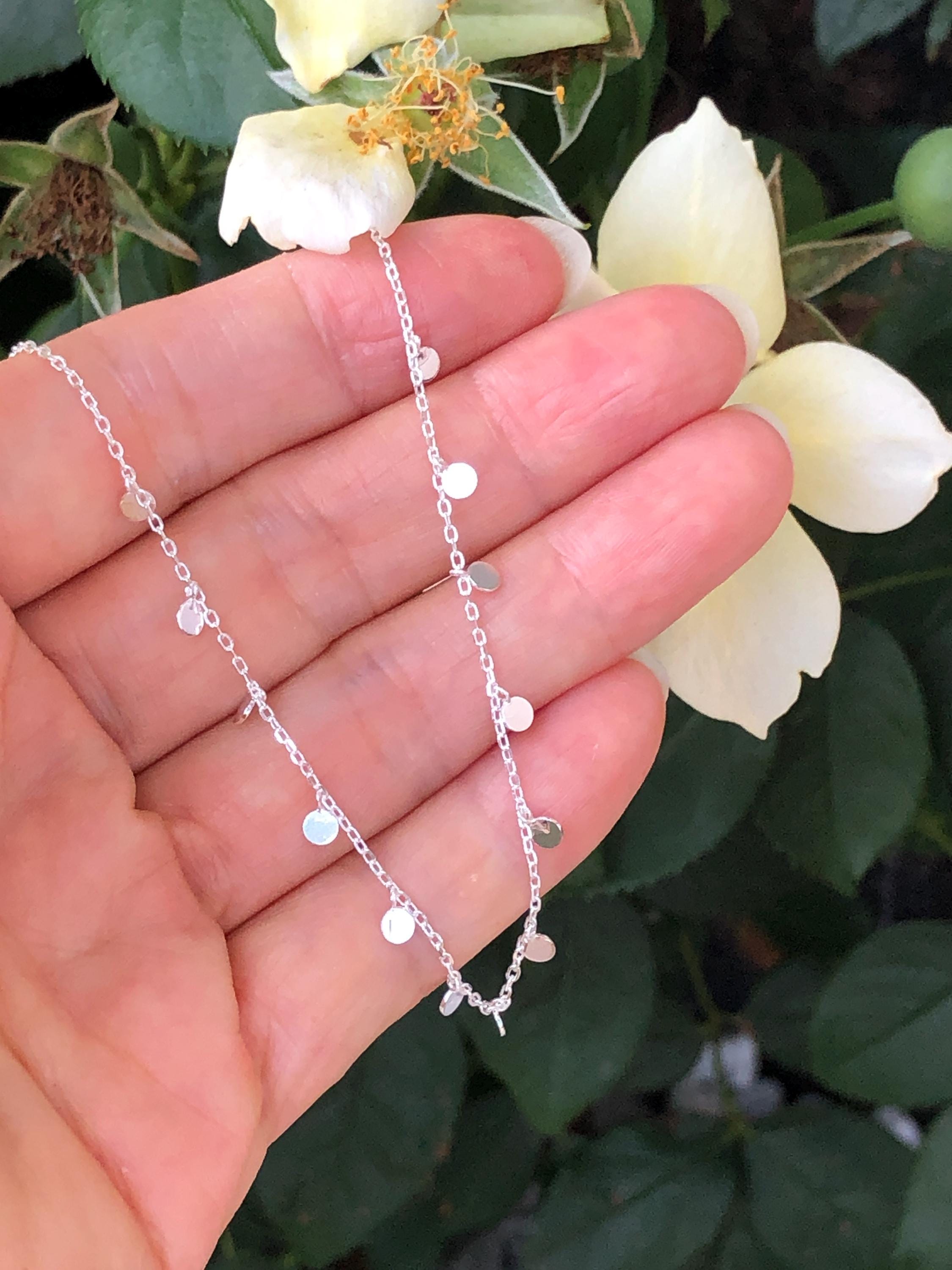 2.9mm Silver Disc Station Choker Necklace Sterling Silver 925, Plain Disc Dangle Charm Choker, Mini Dainty Round Disc Necklace, 12.5-15.5"