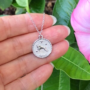 May include: Silver necklace with a round pendant featuring the zodiac symbol for Aries. The pendant has a detailed design of a ram with the word "Aries" inscribed below.