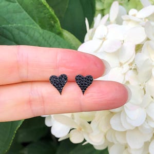9mm Gold Black Heart Stud Earrings Sterling Silver 925, Black Onyx Pave Heart Studs, Gold Plated Dainty Tiny Heart Earrings, Gift for her