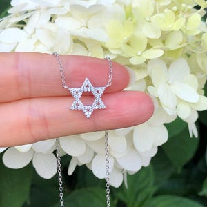 14.5mm/0.57in Silver Star of David Necklace 925 Sterling Silver, Cubic Zirconia Pave Necklace, Small Necklace, Gift for Women her 15.5-17.5&quot;