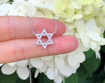 14.5mm/0.57in Silver Star of David Necklace 925 Sterling Silver, Cubic Zirconia Pave Necklace, Small Necklace, Gift for Women her 15.5-17.5&quot;