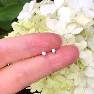 May include: A pair of small, silver stud earrings. The earrings are round and have a smooth, polished finish.