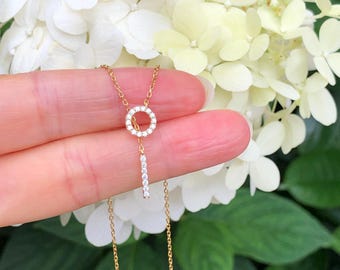 7mm/10mm Gold Circle & Bar Lariat Necklace Sterling Silver 925, Gold Plated, Cubic Zirconia, Dainty Drop Y Necklace, 17.5-19.5"