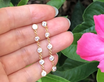 1.57in/40mm x4mm Gold By the Yard Drop Earrings Sterling Silver 925, Gold Plated, Cubic Zirconia, 5 CZ Station Drop Earrings
