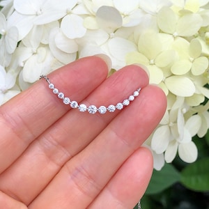 30mm/1.18in Silver Sideways Bar Necklace Sterling Silver 925, Cubic Zirconia Graduated Bar Necklace, Curved Bar Necklace, x3mm/1.5mm 16.75"