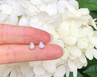 5.9mm Silver White Opal Stud Earrings Sterling Silver 925, Dainty Teardrop Earrings, Tiny Droplet Studs, Synthetic