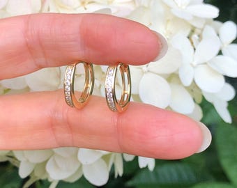 15mm/11.5mm x2.5mm Gold Huggie Hoop Earrings Sterling Silver 925, Gold Plated, Cubic Zirconia, Pave Small Hoops