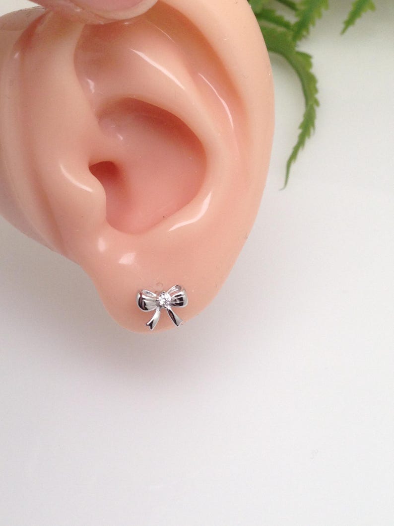 7.5mm Silver Bow Stud Earrings Sterling Silver 925, Cubic Zirconia, Bow Knot Studs, Tiny Dainty Bow Earrings, Gift for Her image 8