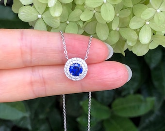 10mm Silver Blue Sapphire Necklace Sterling Silver 925, Cubic Zirconia, Tiny Round Halo Necklace, 15.5-17.5", Synthetic 5.8mm