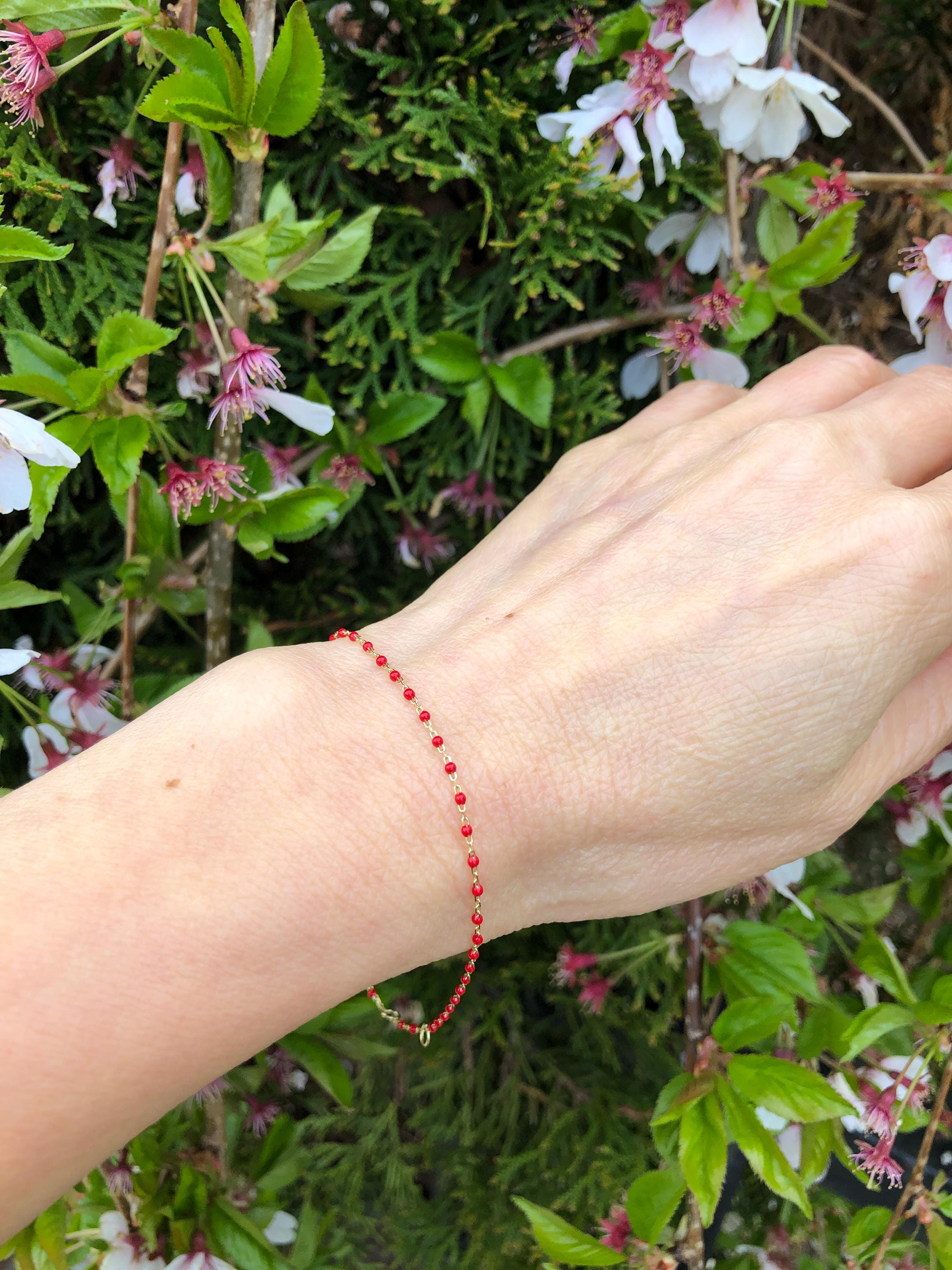 1mm Gold Red Bead Station Bracelet Sterling Silver 925, Dainty Resin Bead Beaded Bracelet, Gold Plated Chain Bracelet Women Girl 6.5-7.75"