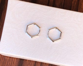 12mm/9mm x1.5mm Silver Hexagon Hoop Earrings Sterling Silver 925, Tiny Hoops, Plain Silver Hexagon Huggie Hoops for Men Women