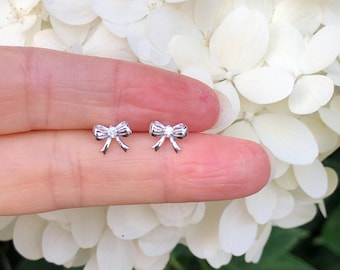 7.5mm Silver Bow Stud Earrings Sterling Silver 925, Cubic Zirconia, Bow Knot Studs, Tiny Dainty Bow Earrings, Gift for Her