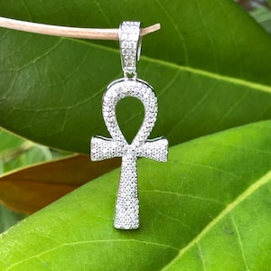 32mm/1.26in Mens Silver Ankh Cross Pendant Sterling Silver 925, Cubic Zirconia Pave Pendant, Silver Ankh Cross Pendant for Men, 43mm/1.69&quot;