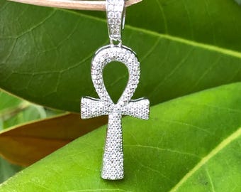 32mm/1.26in Mens Silver Ankh Cross Pendant Sterling Silver 925, Cubic Zirconia, Pave Silver Ankh Cross Pendant for Men, 43mm/1.69"
