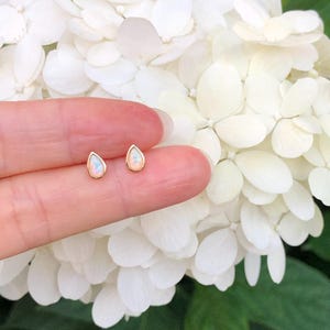 May include: A pair of gold teardrop earrings with white opal stones.