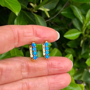 May include: A pair of gold hoop earrings with a row of blue opal stones.