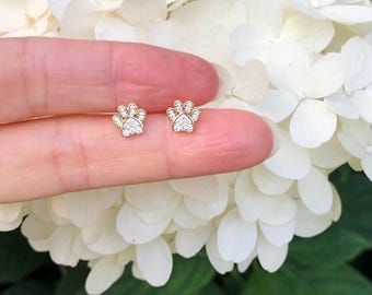 7mm Gold Paw Print Stud Earrings Sterling Silver 925, Gold Plated, Cubic Zirconia, Tiny Dainty Studs