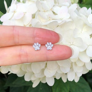 May include: A pair of silver paw print earrings with small clear cubic zirconia stones.