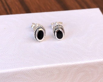 7.5mm Oval Black Onyx Stud Earrings 925 Sterling Silver, Small Tiny Onyx Post Studs Womens 7.5mm(0.30") /4.5mm