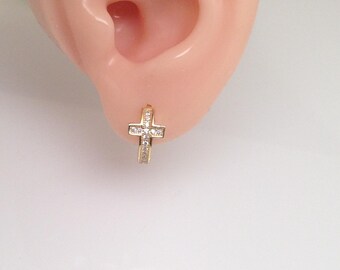 925 Sterling Silver Huggie Hoop Earrings With CZ Cross - 15mm Gold Tone Rhodium Plated Snap Closure