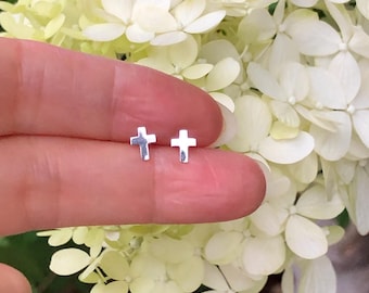 6mm Silver Cross Stud Earrings Sterling Silver 925, Dainty Plain Cross Earrings for Men Women, VERY THIN Cross Studs