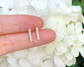 11mm x1.5mm Gold Bar Stud Earrings Sterling Silver 925, Gold Plated, Cubic Zirconia, Pave Bar Earrings, Tiny Studs